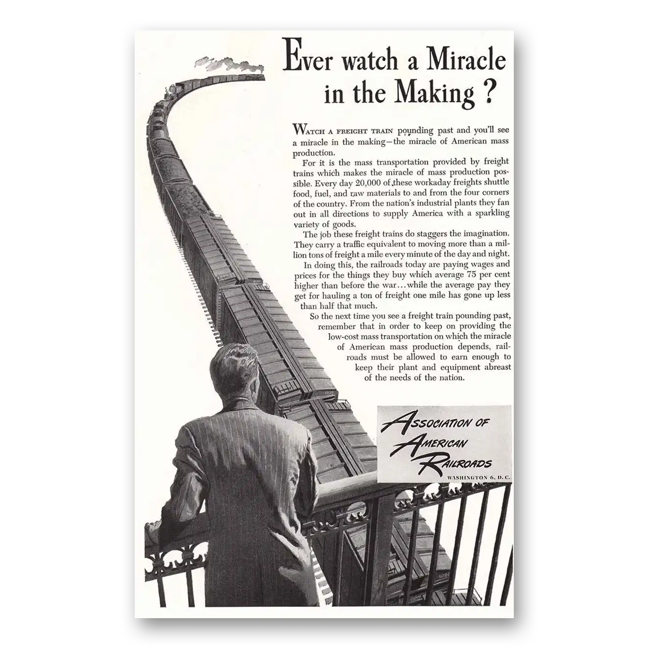 1948 Association of American Railroads Ever Watch a Miracle Vintage Magazine Print Ad