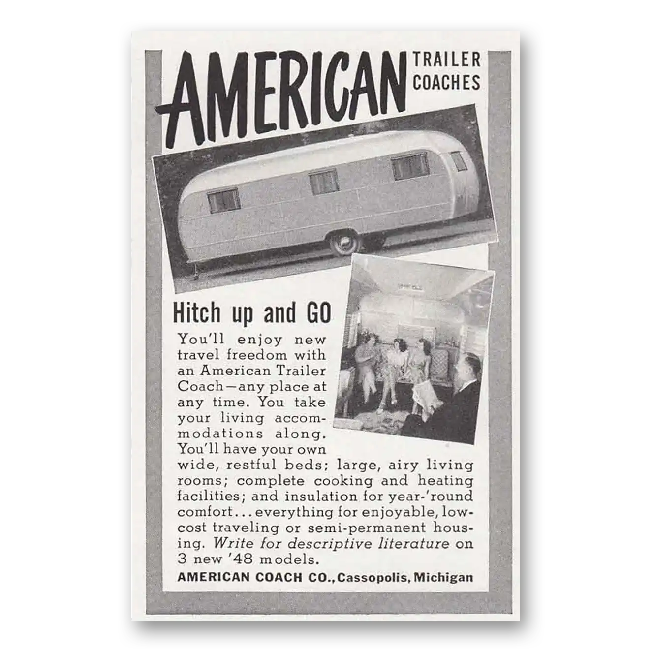 1948 American Coach Hitch Up and Go Vintage Magazine Print Ad