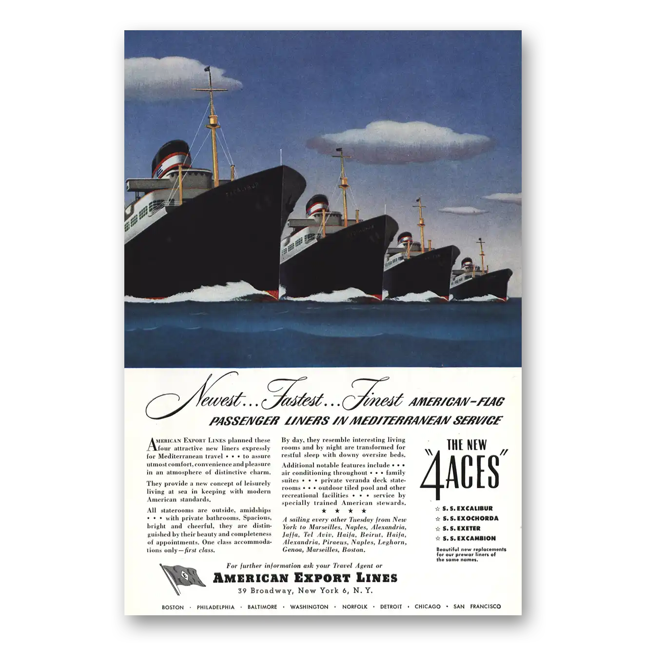 1948 American Export Lines American Flag Passenger Liners 4 Aces Vintage Magazine Print Ad