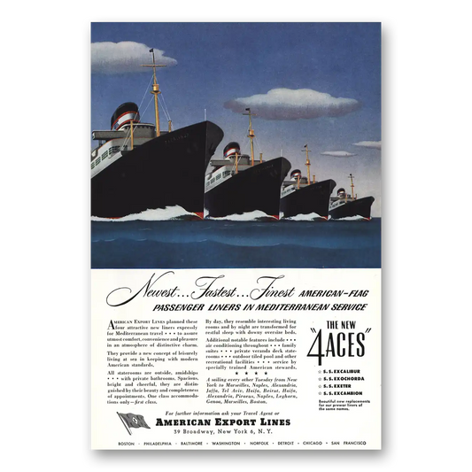 1948 American Export Lines American Flag Passenger Liners 4 Aces Vintage Magazine Print Ad