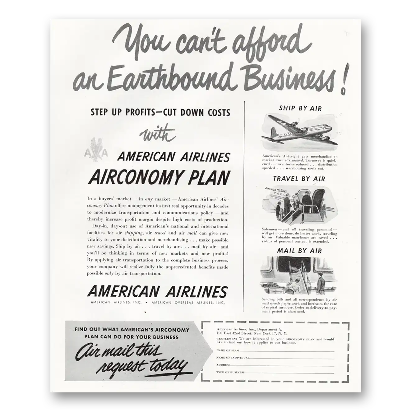 1948 American Airlines You Cant Afford an Earthbound Business Vintage Magazine Print Ad