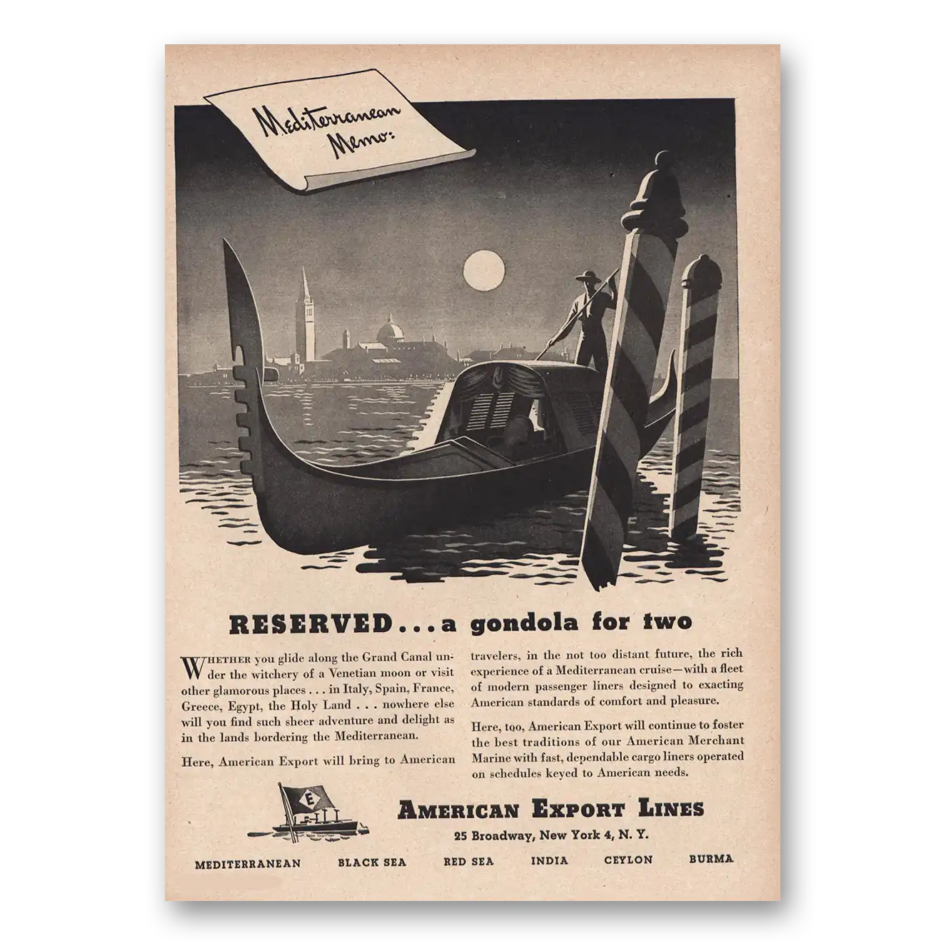 1948 American Export Lines Reserved Gondola for Two Vintage Magazine Print Ad