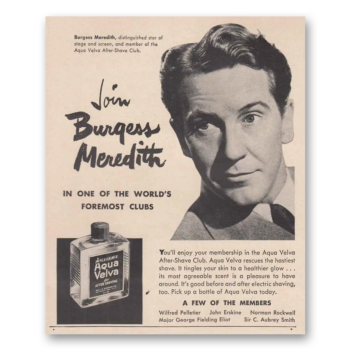 1948 Aqua Velva Burgess Meredith Vintage Magazine Print Ad