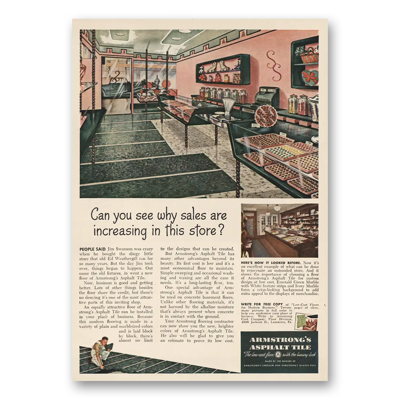 1948 Armstrong Asphalt Tile Sales Increasing In This Store Vintage Magazine Print Ad