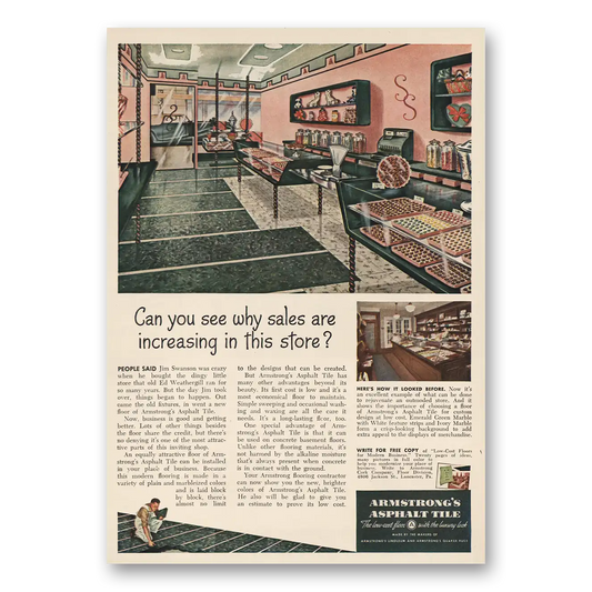 1948 Armstrong Asphalt Tile Sales Increasing In This Store Vintage Magazine Print Ad