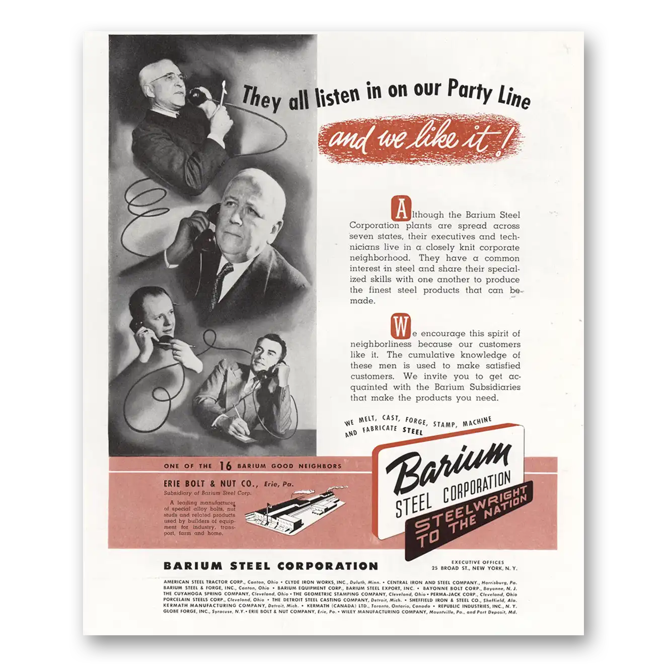 1948 Barium Steel They All Listen In On Our Party Line Vintage Magazine Print Ad