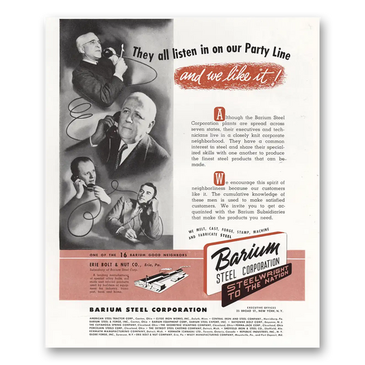 1948 Barium Steel They All Listen In On Our Party Line Vintage Magazine Print Ad