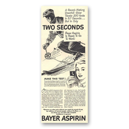 1948 Bayer Aspirin Record Making Downhill Skier Vintage Magazine Print Ad