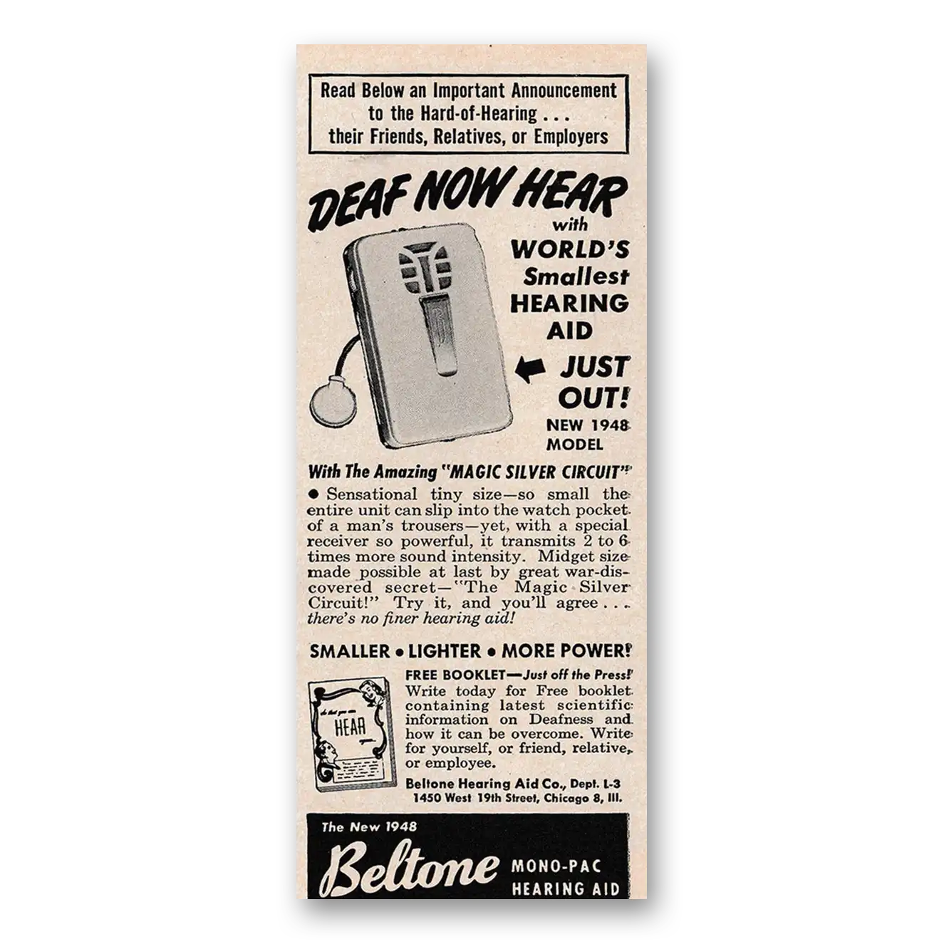 1948 Beltone Hearing Aid Deaf Now Hear Vintage Magazine Print Ad