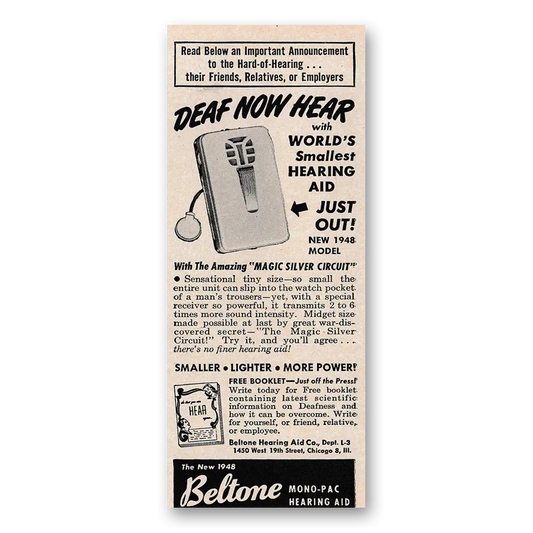 1948 Beltone Hearing Aid Deaf Now Hear Vintage Magazine Print Ad