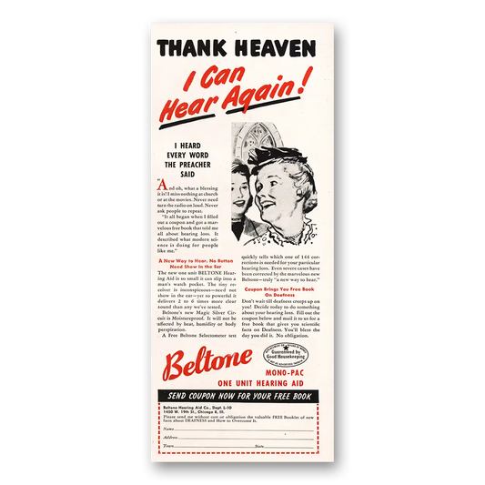 1948 Beltone Hearing Aid Thank Heaven I Can Hear Vintage Magazine Print Ad