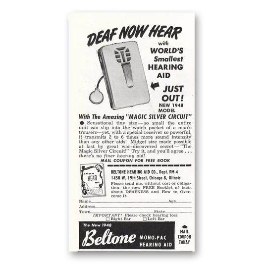 1948 Beltone Hearing Aid Magic Silver Circuit Vintage Magazine Print Ad