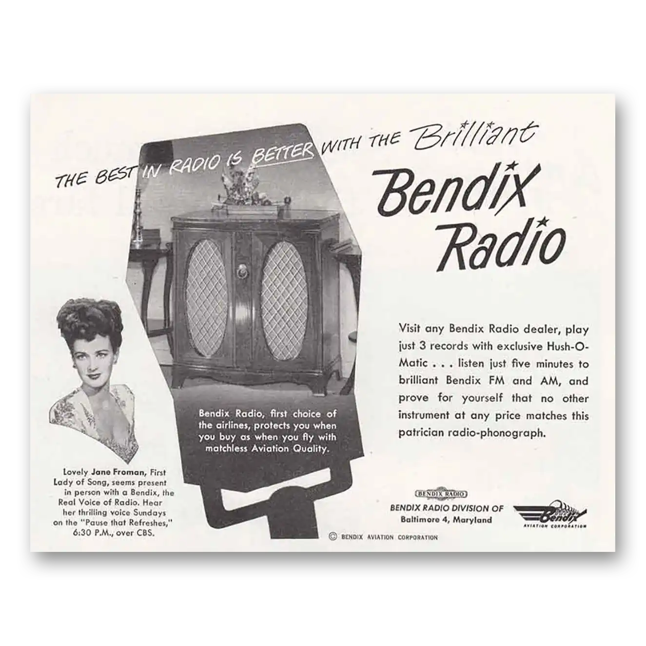 1948 Bendix Radio Jane Froman Vintage Magazine Print Ad