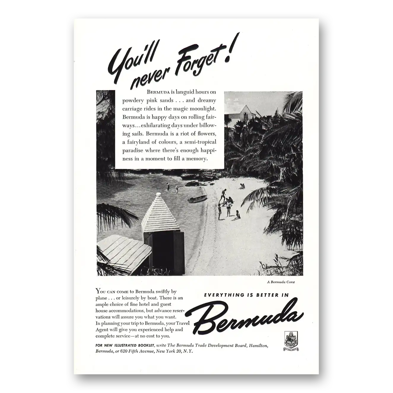 1948 Bermuda Languid Hours on Powdery Pink Sands Vintage Magazine Print Ad