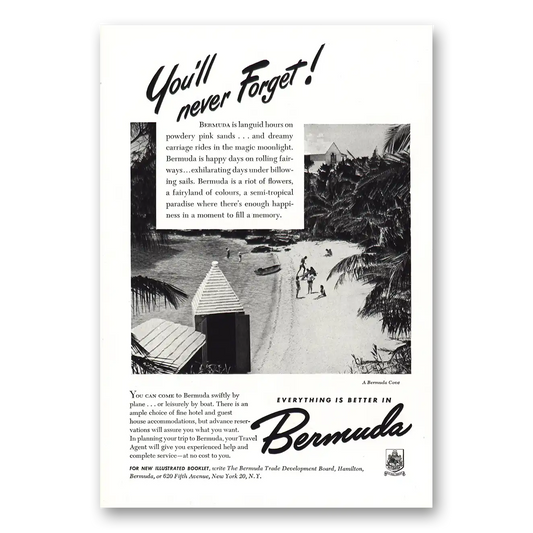 1948 Bermuda Languid Hours on Powdery Pink Sands Vintage Magazine Print Ad