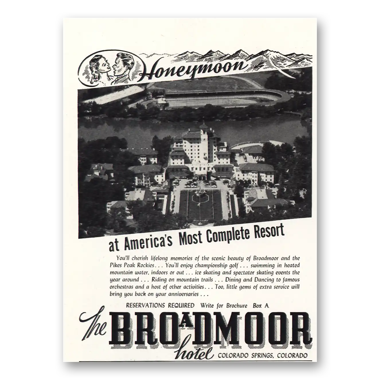 1948 Broadmoor Hotel Honeymoon Vintage Magazine Print Ad