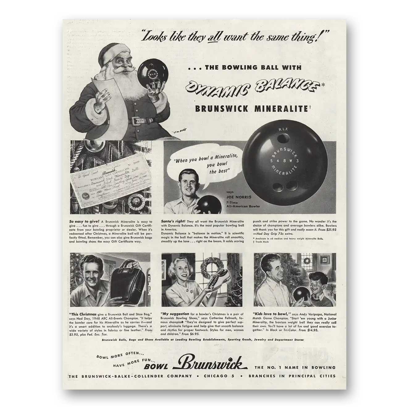 1948 Brunswick Bowling Balls Dynamic Balance Santa Vintage Magazine Print Ad