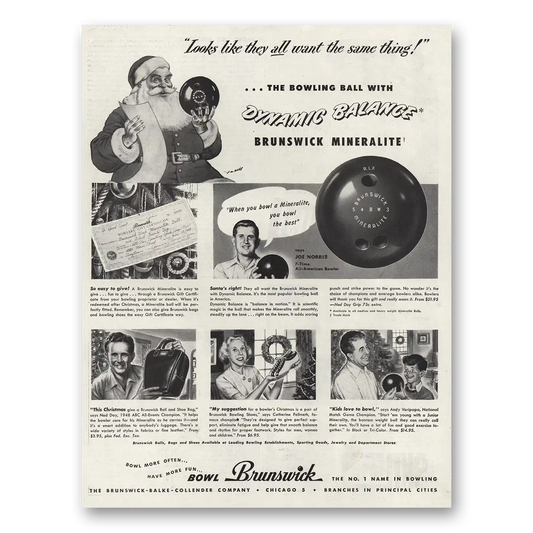 1948 Brunswick Bowling Balls Dynamic Balance Santa Vintage Magazine Print Ad