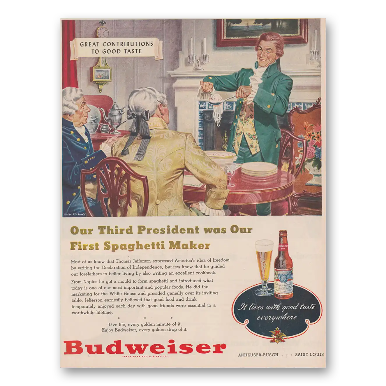 1948 Budweiser Beer Our Third President Was our First Spaghetti Maker Vintage Magazine Print Ad