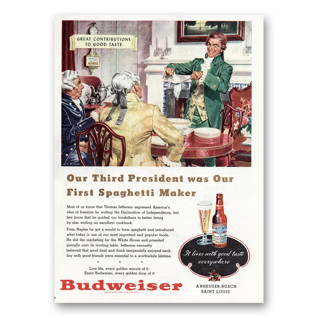 1948 Budweiser Beer Third President Was Our First Spaghetti Maker Vintage Magazine Print Ad