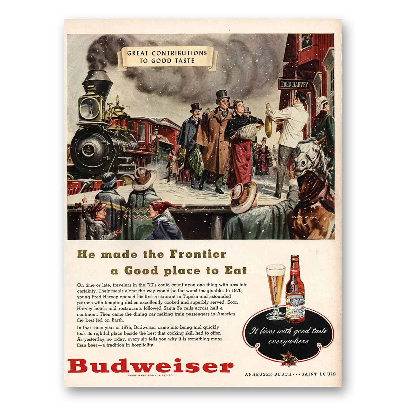 1948 Budweiser Beer He Made the Frontier Good Place to Eat Vintage Magazine Print Ad