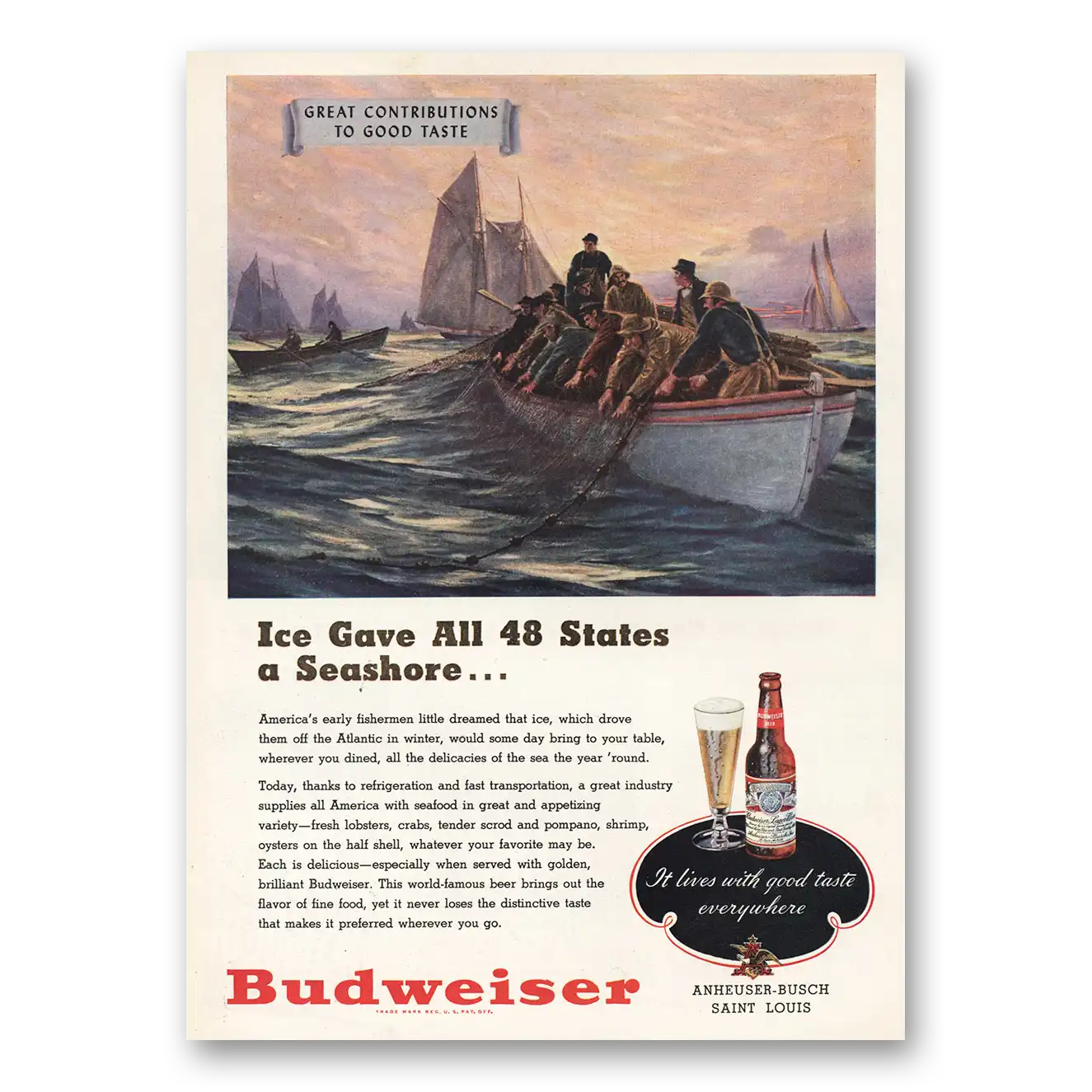 1948 Budweiser Beer Ice Gave All 48 States a Seashore Vintage Magazine Print Ad