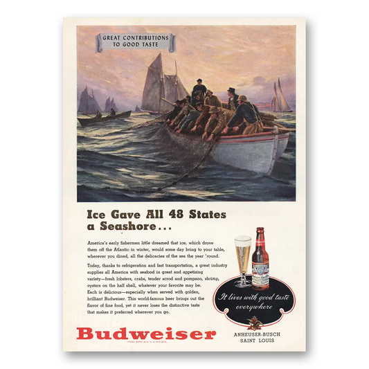 1948 Budweiser Beer Ice Gave All 48 States a Seashore Vintage Magazine Print Ad