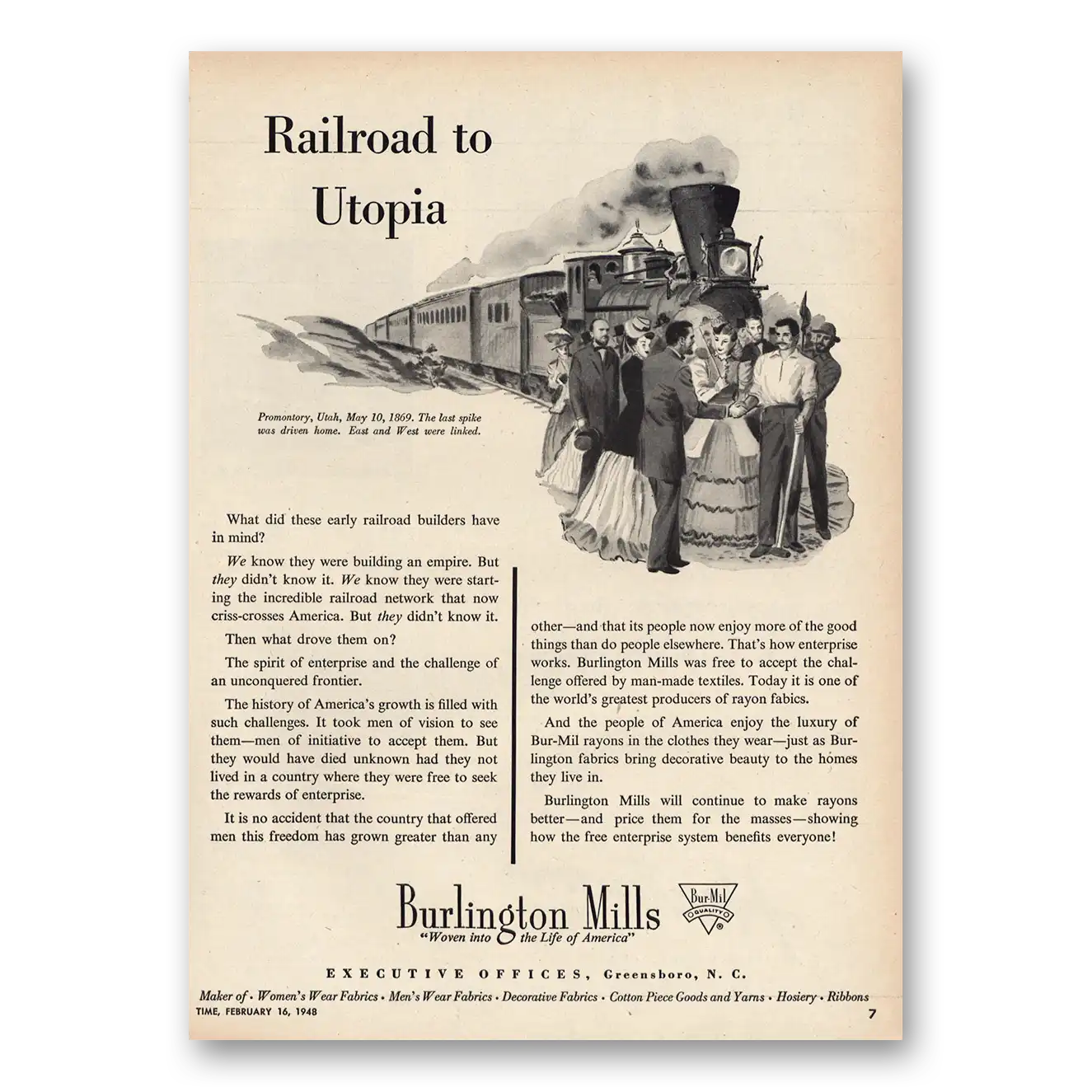 1948 Burlington Mills Railroad ot Utopia Vintage Magazine Print Ad