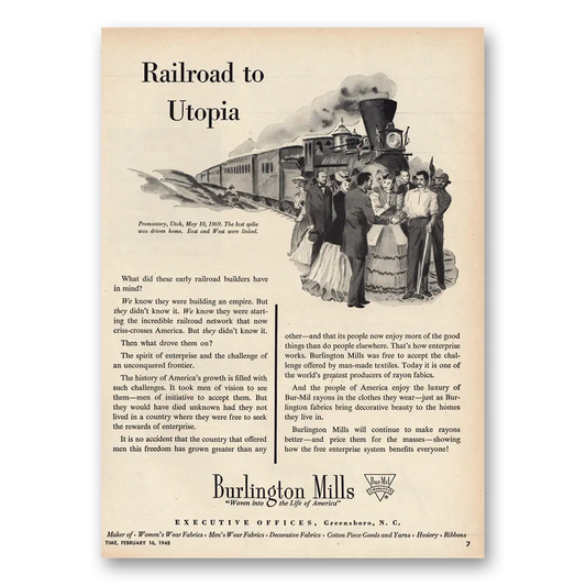 1948 Burlington Mills Railroad ot Utopia Vintage Magazine Print Ad