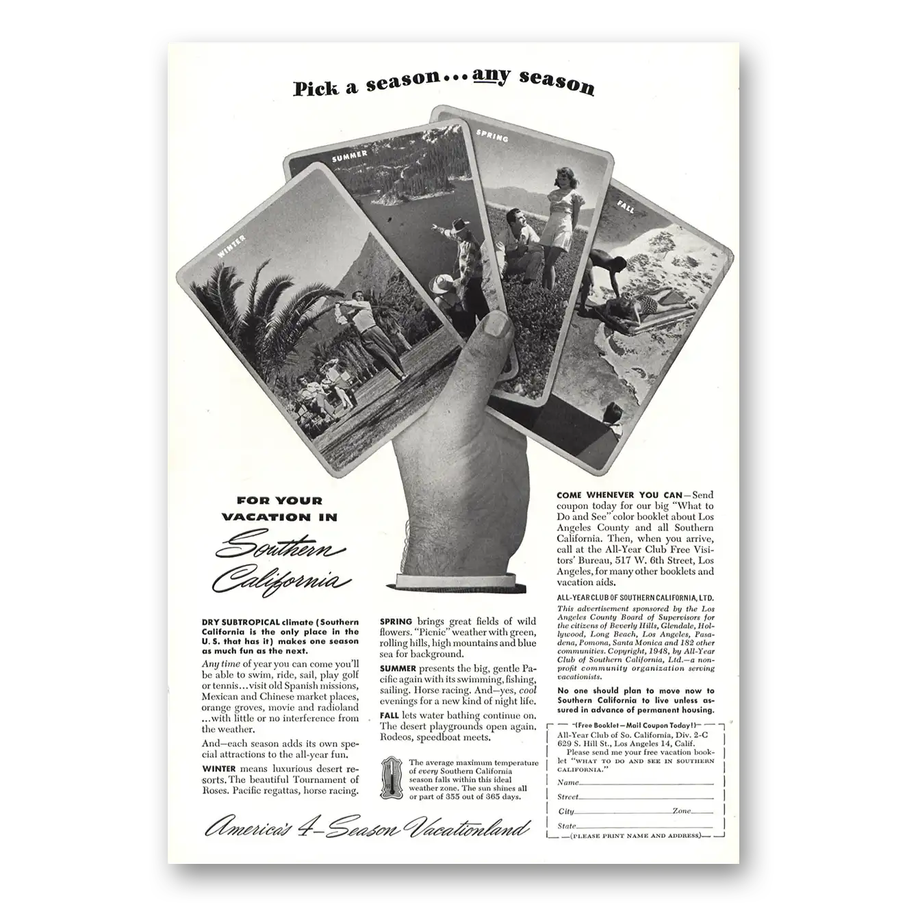 1948 Southern California Pick a Season Any Season Vintage Magazine Print Ad