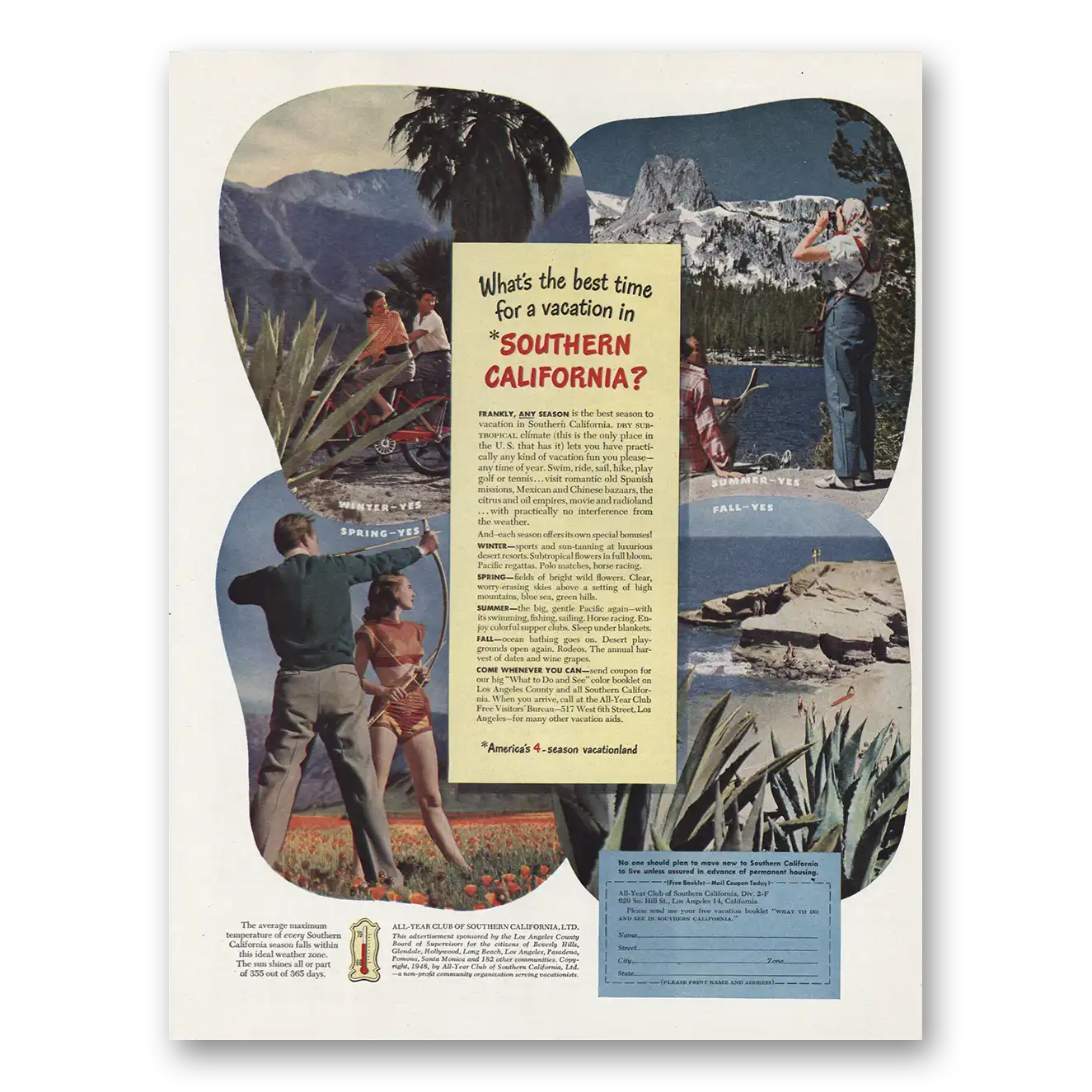 1948 Southern California Best Time for Vacation Vintage Magazine Print Ad