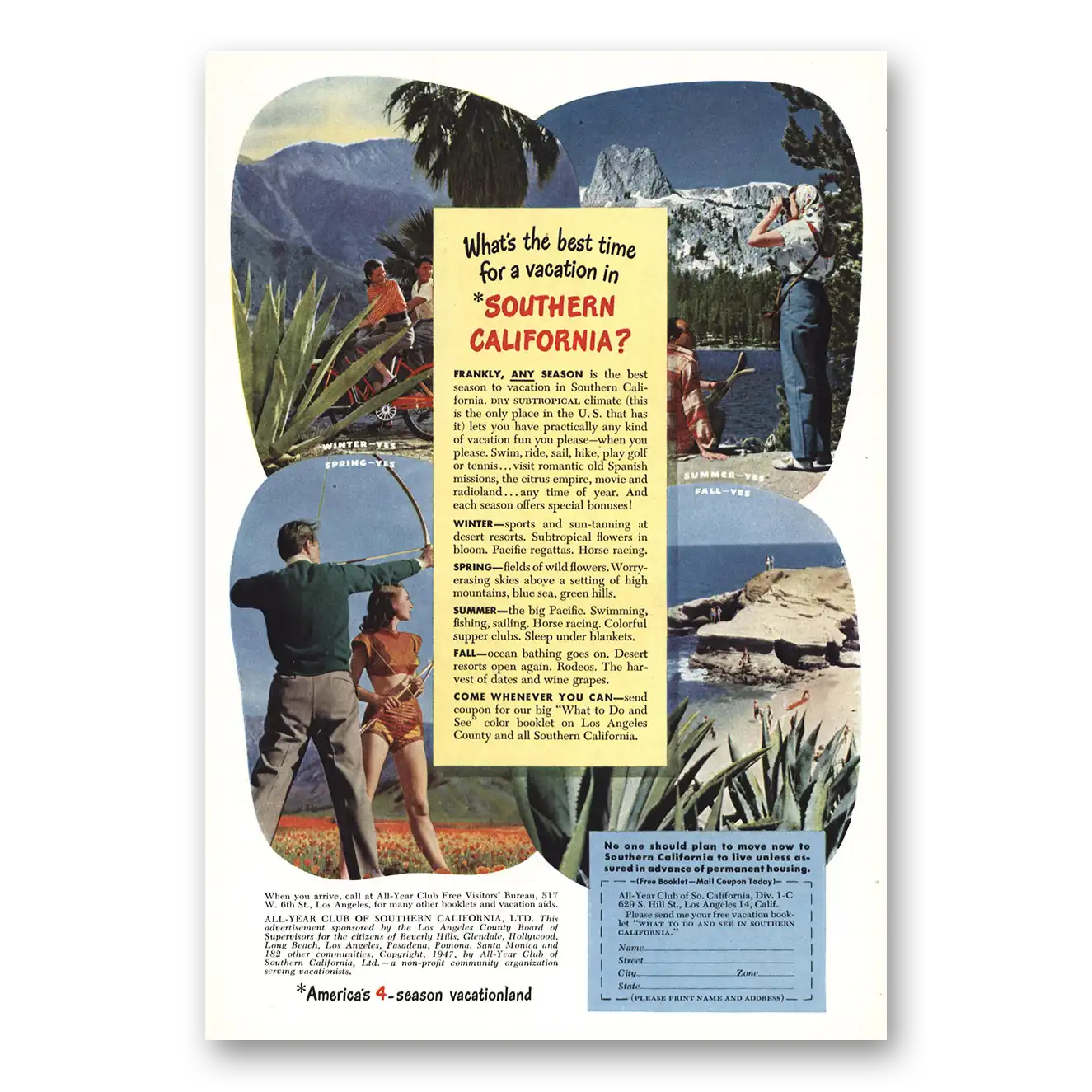 1948 Southern California Best Time for a Vacation Vintage Magazine Print Ad