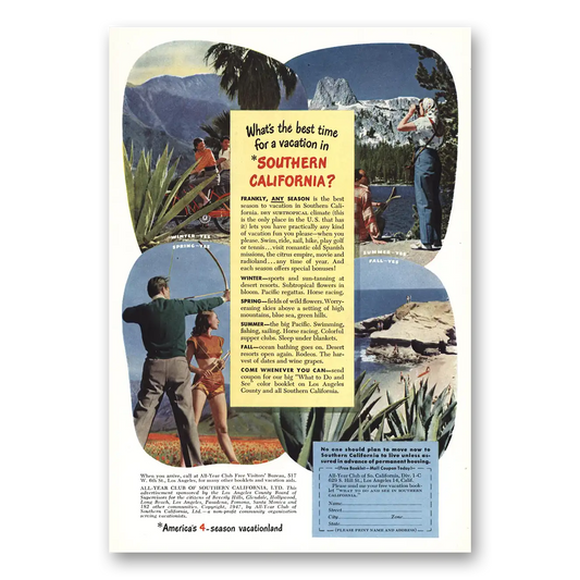 1948 Southern California Best Time for a Vacation Vintage Magazine Print Ad