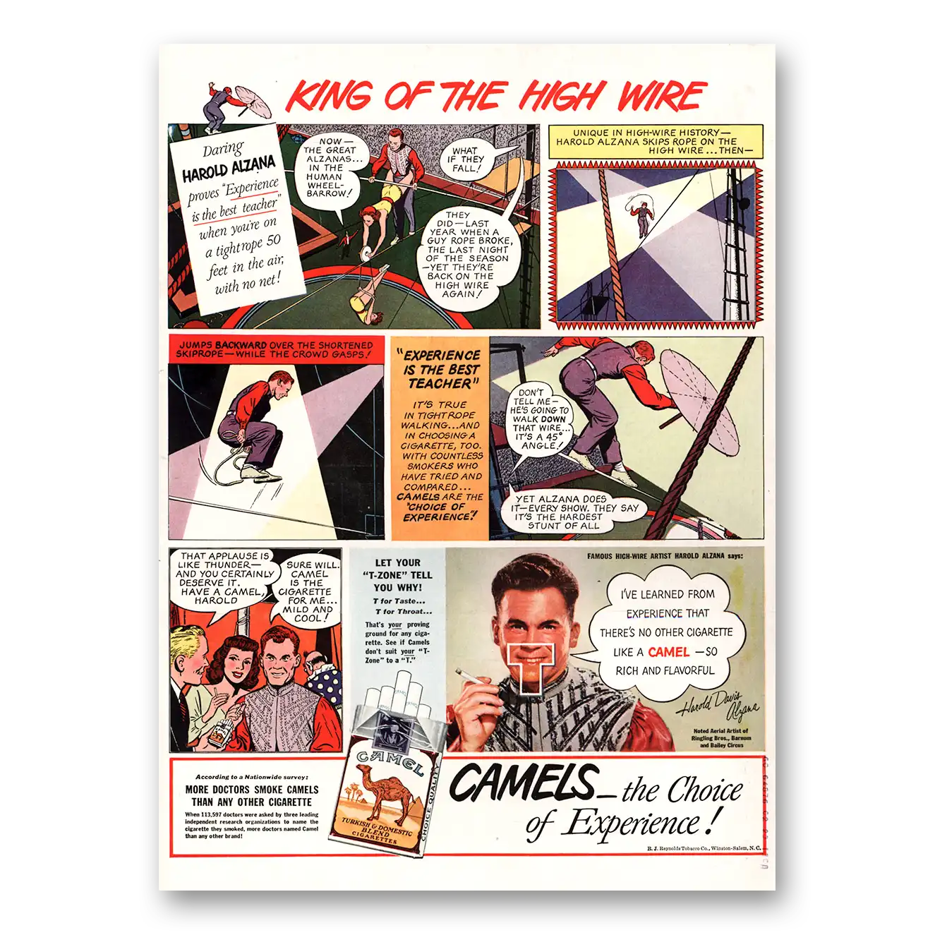 1948 Camel Cigarettes King of the High Wire Harold Alzana Vintage Magazine Print Ad