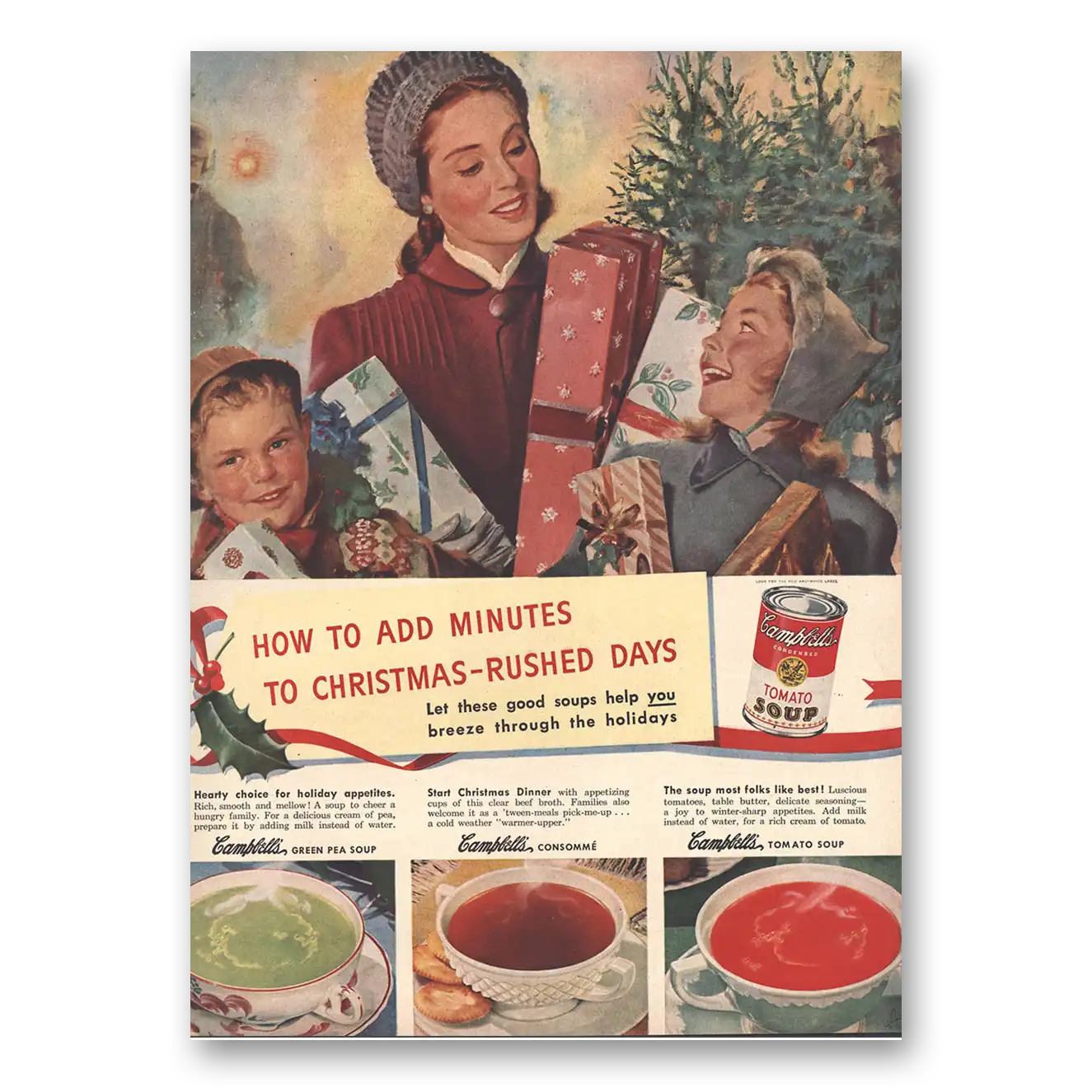 1948 Campbells Tomato Soup Add Minutes to Christmas Rushed Days Vintage Magazine Print Ad