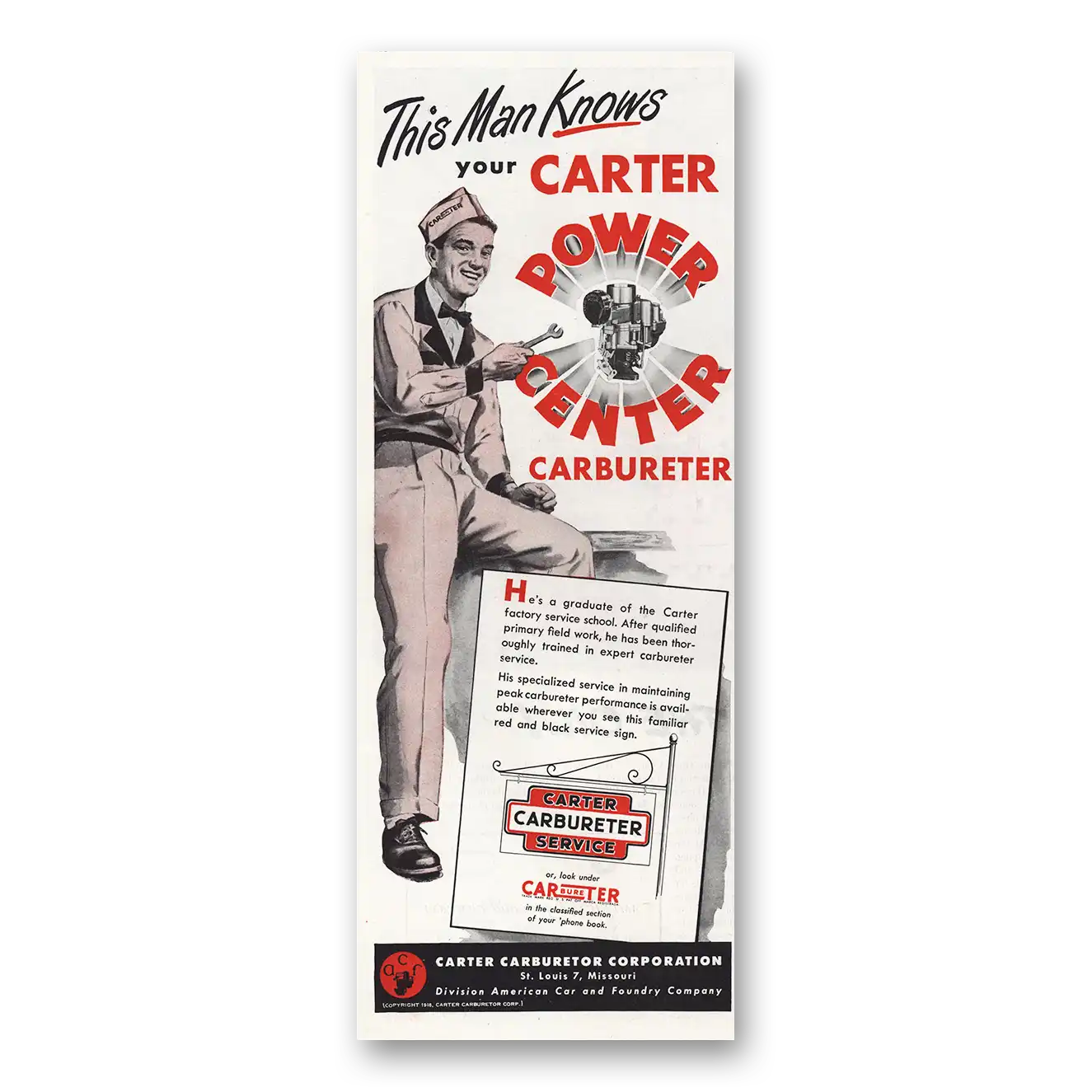 1948 Carter Carburetor This Man Knows Carter Power Center Vintage Magazine Print Ad