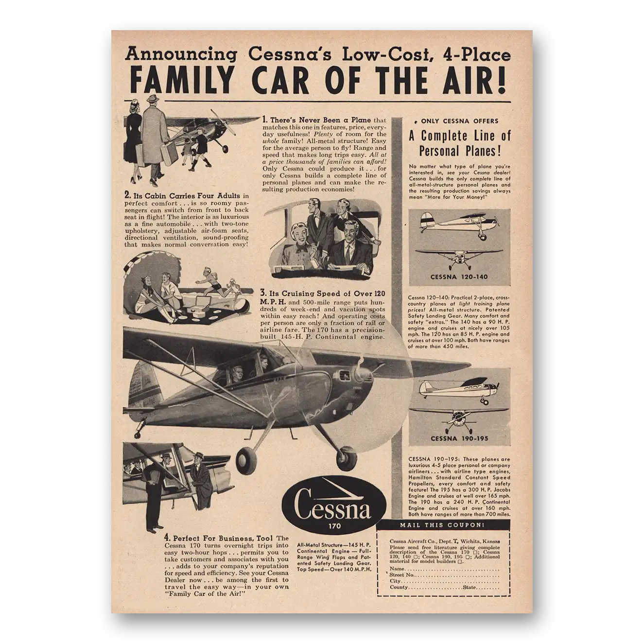 1948 Cessna Family Car of the Air Vintage Magazine Print Ad