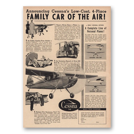 1948 Cessna Family Car of the Air Vintage Magazine Print Ad