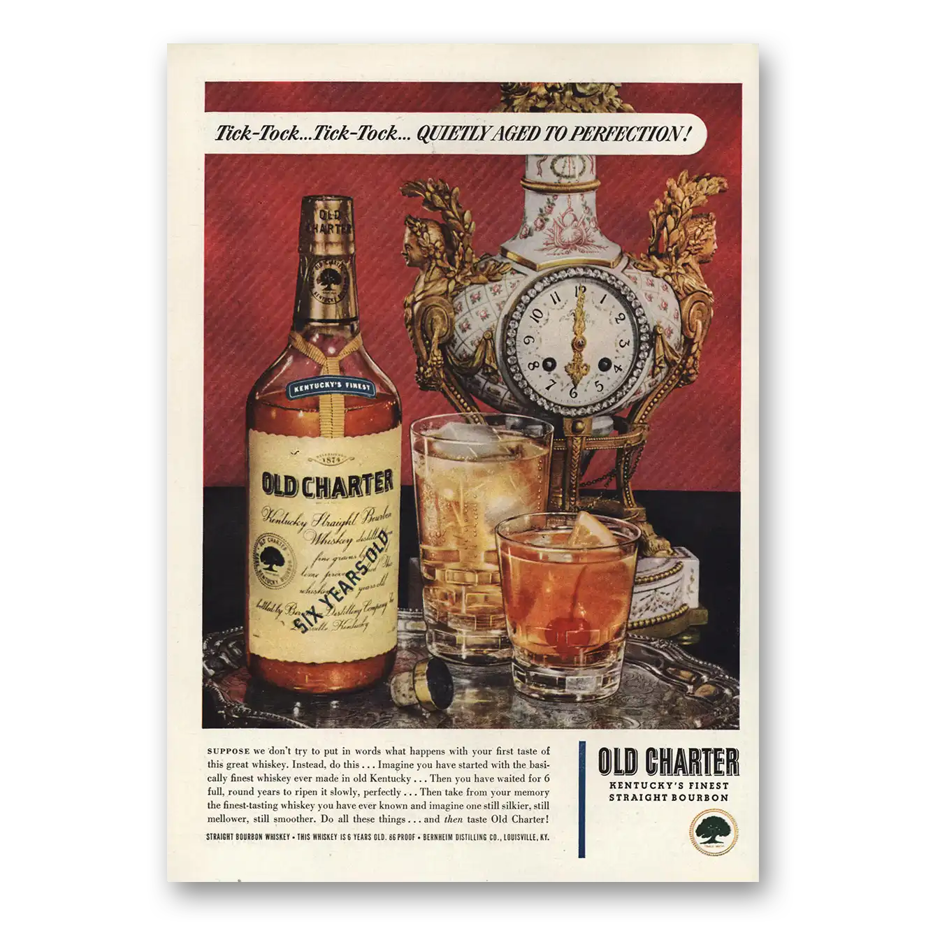 1948 Old Charter Whiskey Tick Tock Vintage Magazine Print Ad