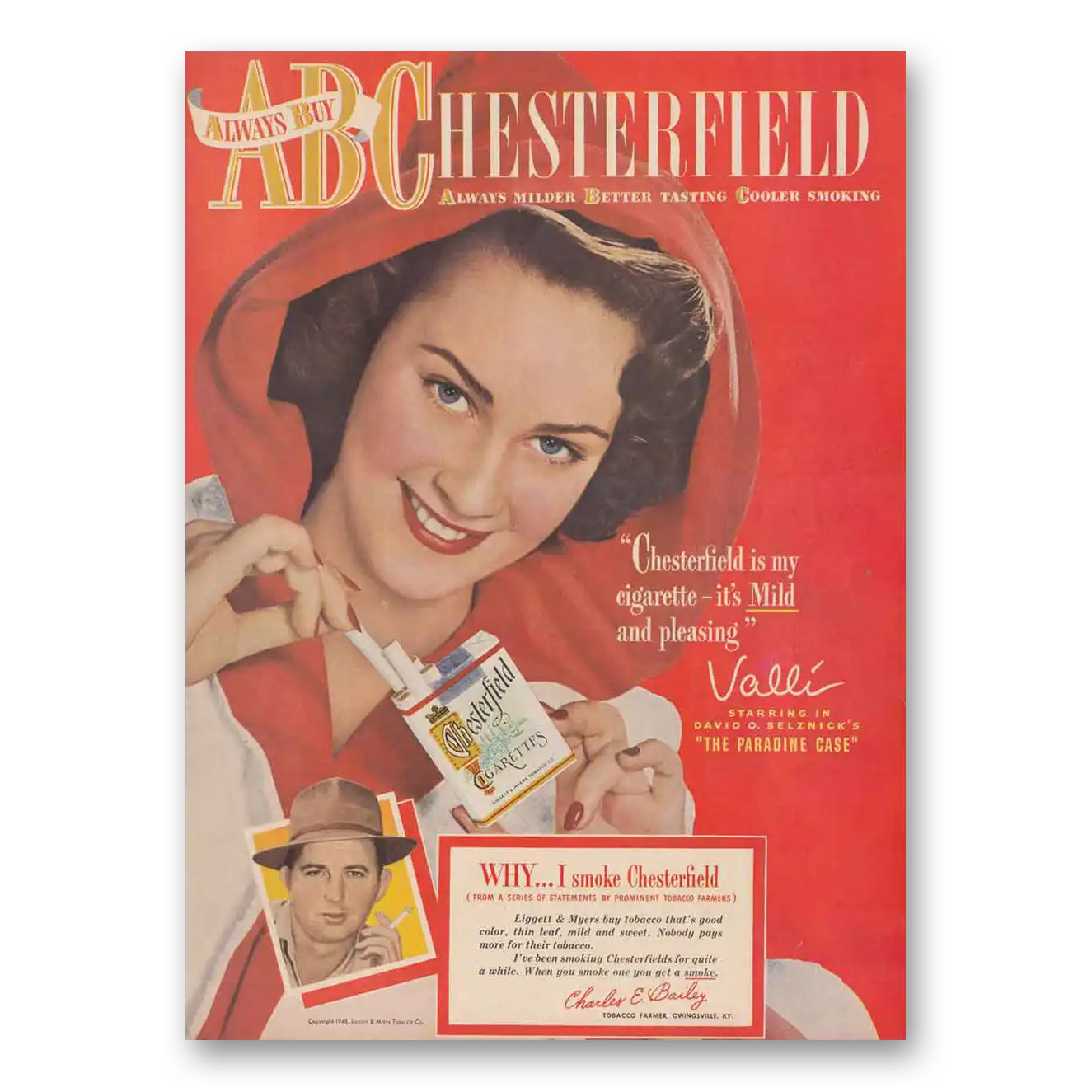 1948 Chesterfield Cigarettes Valli Paradine Case Vintage Magazine Print Ad