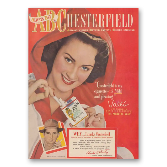 1948 Chesterfield Cigarettes Valli Paradine Case Vintage Magazine Print Ad