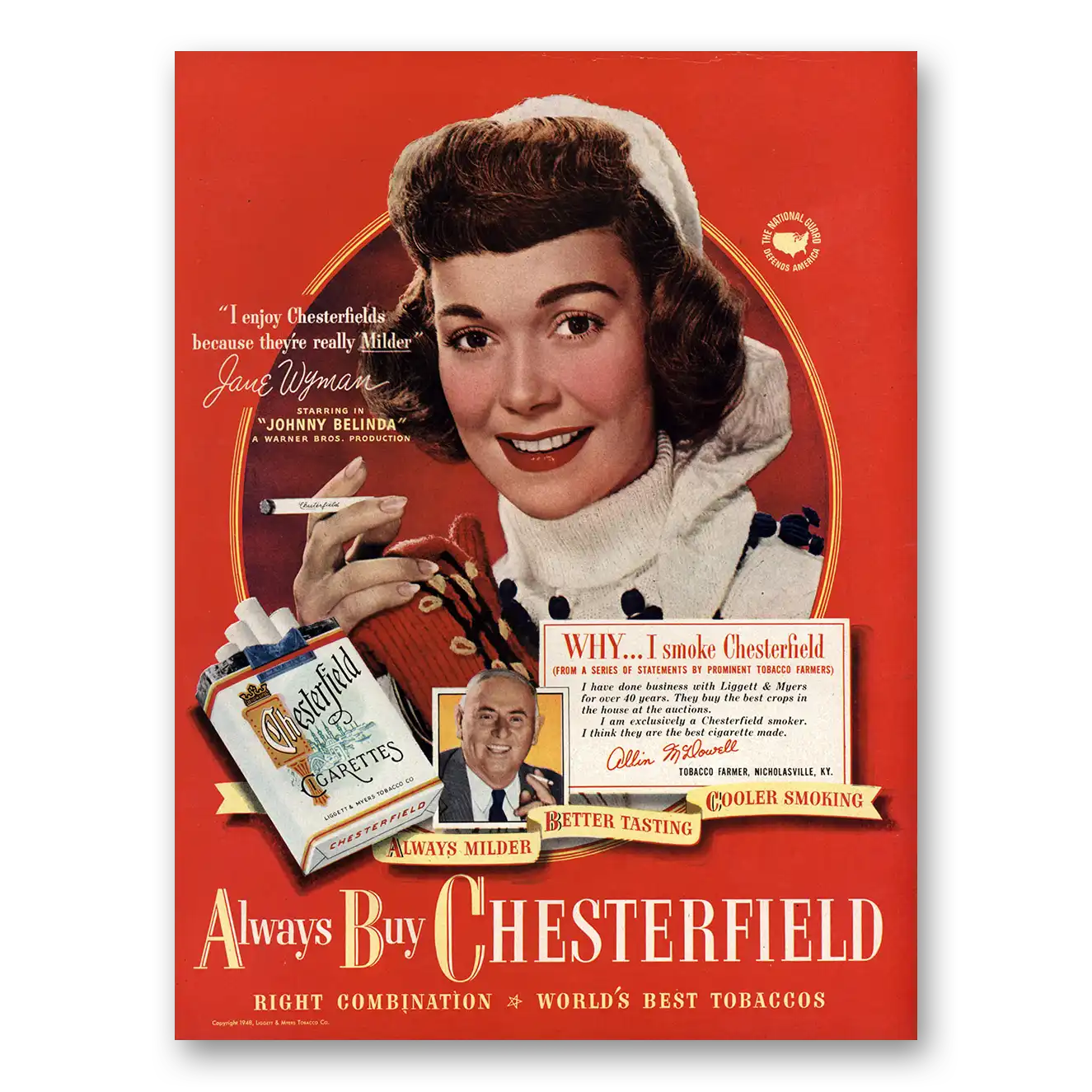 1948 Chesterfield Cigarettes Jane Wyman Vintage Magazine Print Ad