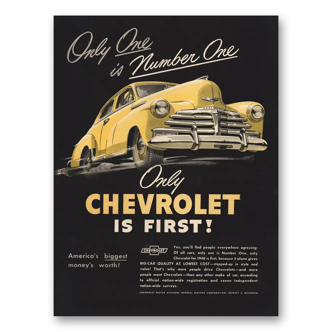 1948 Chevrolet Only One Is Number One Vintage Magazine Print Ad