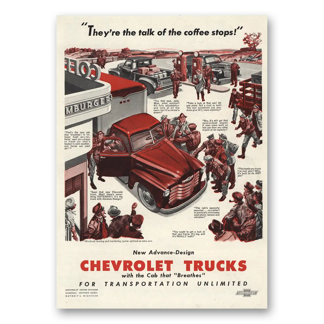 1948 Chevrolet Trucks Talk of Coffee Stops Vintage Magazine Print Ad