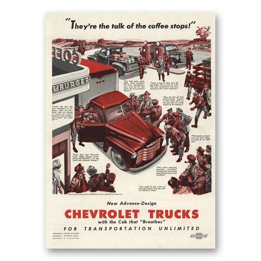 1948 Chevrolet Trucks Talk of Coffee Stops Vintage Magazine Print Ad