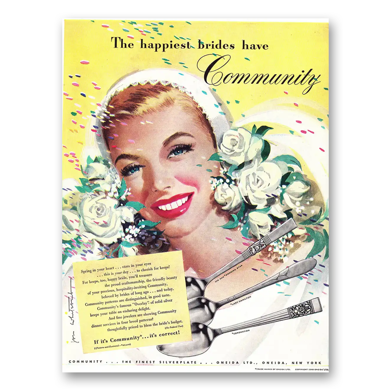 1948 Community Silverplate Happiest Brides Yellow Vintage Magazine Print Ad