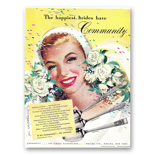 1948 Community Silverplate Happiest Brides Yellow Vintage Magazine Print Ad