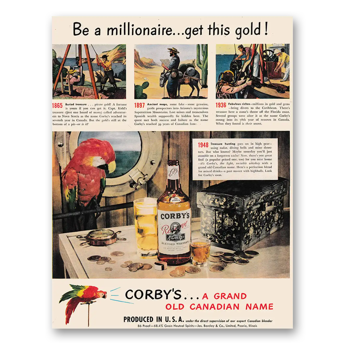 1948 Corbys Whiskey Be a Millionaire Get This Gold Vintage Magazine Print Ad