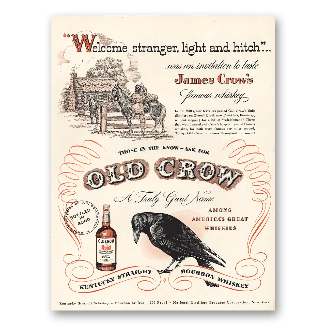 1948 Old Crow Whiskey Welcome Stranger Vintage Magazine Print Ad