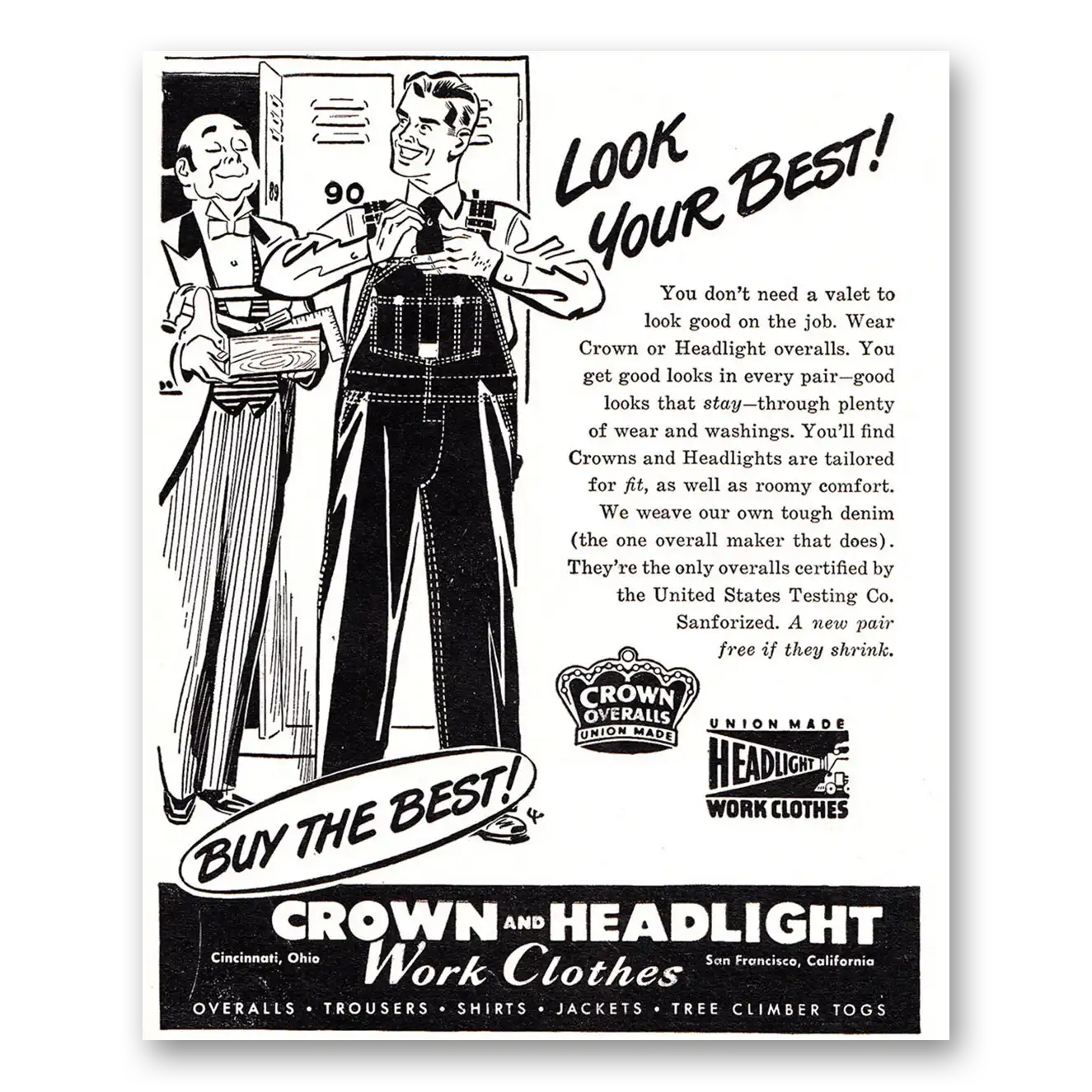 1948 Crown and Headlight Work Clothes Look Your Best Vintage Magazine Print Ad